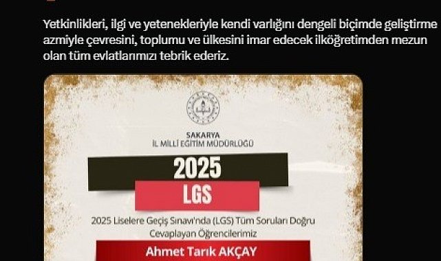 Sakarya'da 7 öğrenci 500 tam puan alarak LGS'de Türkiye birincisi oldu