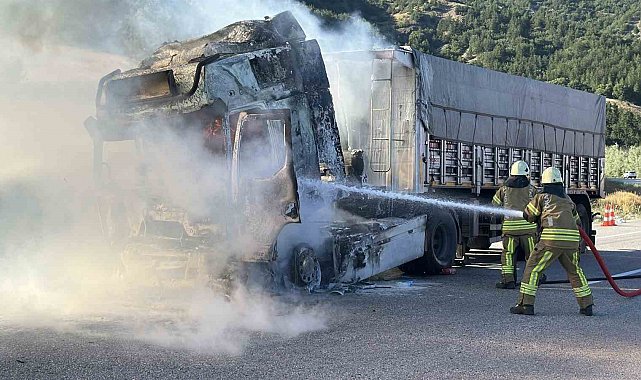 Seyir halindeyken alev topuna dönen tır kullanılamaz hale gedi