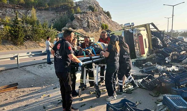 Virajı alamayan sebze yüklü kamyon refüje devrildi: 1 yaralı