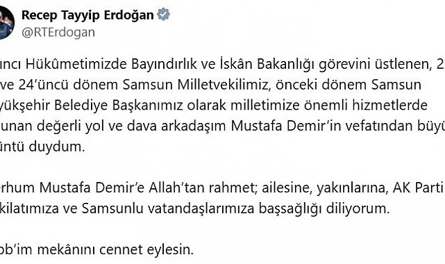 Cumhurbaşkanı Erdoğan'dan Mustafa Demir için taziye mesajı