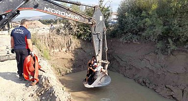 Gölete düşen inekler kepçe ile kurtarıldı