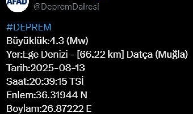 Muğla'da 4.3 büyüklüğünde deprem