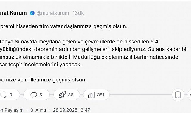 Bakan Kurum: "Depremi hisseden tüm vatandaşlarımıza geçmiş olsun"