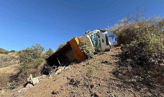 Freni boşalan hafriyat kamyonı şarampole devrildi: 1 yaralı