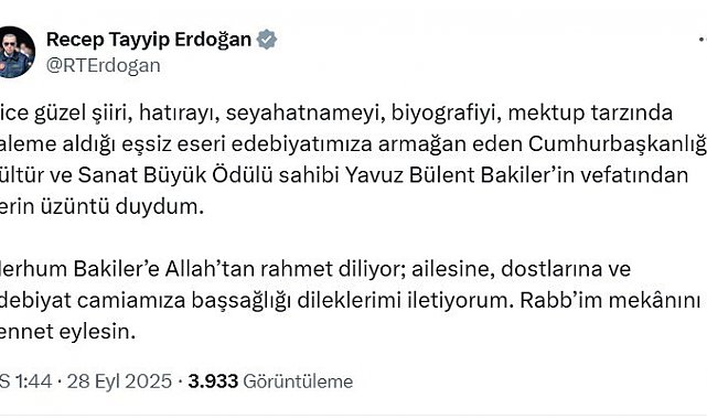 Cumhurbaşkanı Erdoğan'dan Bakiler için başsağlığı mesajı