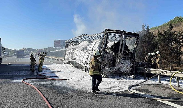 Eyüpsultan'da kumaş yüklü tırın dorsesi alevlere teslim oldu