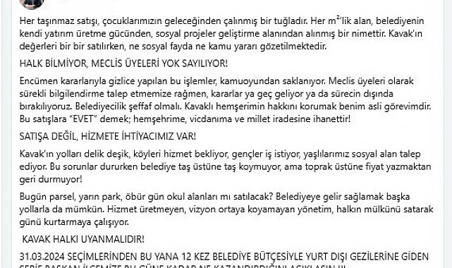 Meclis üyesinden Kavak Belediyesi'ne 'arazi satışı' eleştirisi