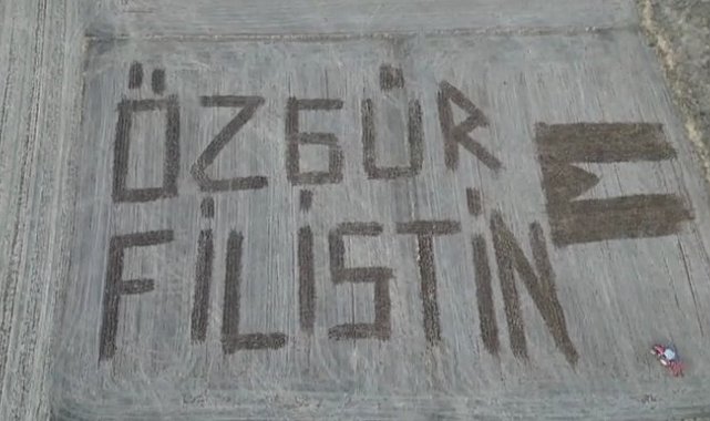 Çanakkaleli çiftçi Filistin'e destek için tarlasına 'Özgür Filistin' yazdı