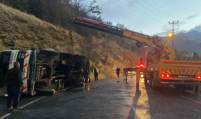 Kemaliye'de canlı hayvan taşıyan çekici devrildi: 2 hayvanın ayağı kırıldı