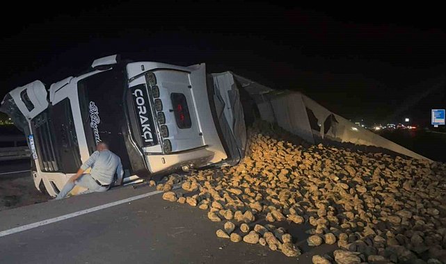 Köpeğe çarpmamak için sürücüsünün manevra yaptığı pancar yüklü tır refüje devrildi