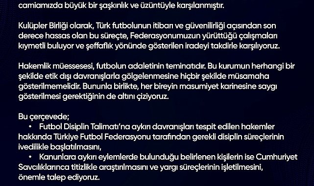 Kulüpler Birliği'nden TFF'ye destek