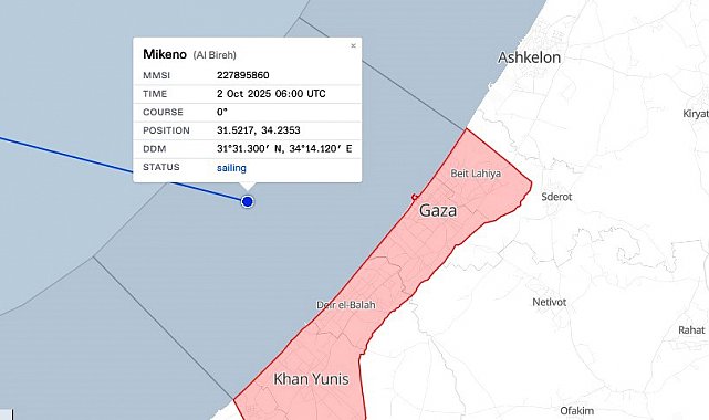 Küresel Sumud Filosu'nun canlı takip sistemine göre "Mikeno" gemisi, Gazze karasularına girdi.