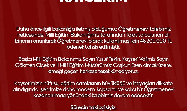 MHP'li Ersoy'dan Kayseri'ye 'öğretmenevi' müjdesi
