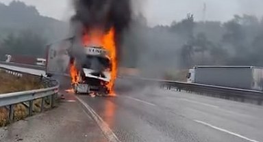 Seyir halindeki tır alev alev yandı