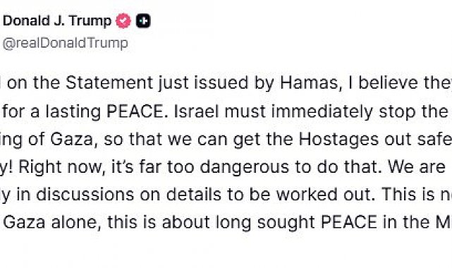 Trump, Hamas'ın ateşkes planını kısmen kabul etmesini değerlendirdi: "Açıklamalarına bakılırsa, kalıcı bir barışa hazır olduklarına inanıyorum"