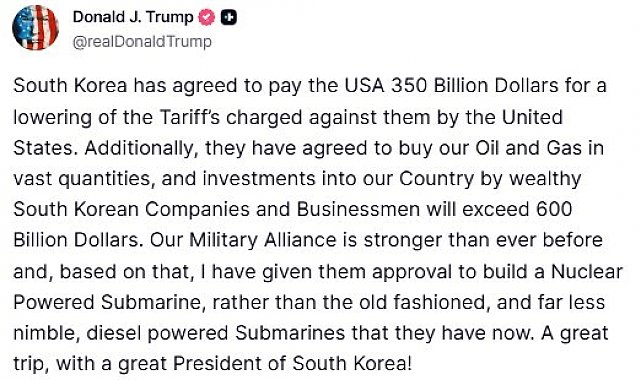 Trump: "Güney Kore ABD'ye toplam 950 milyar dolarlık yatırım yapacak"