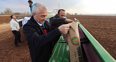 Tahmazoğlu dağıttığı tohumları çiftçilerle ekti