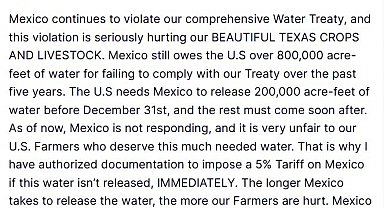 ABD Başkanı Trump'tan Meksika'ya su anlaşması uyarısı: "Yeterli su serbest bırakılmazsa, yüzde 5 gümrük vergisi uygulanacak"
