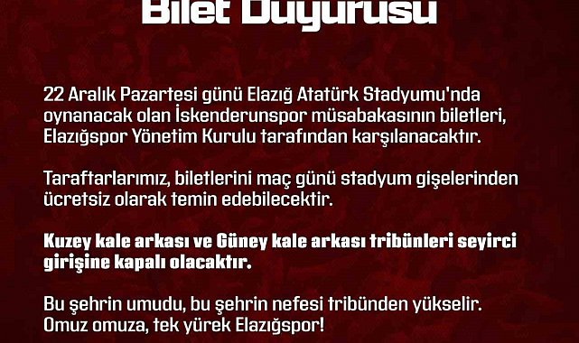 Elazığspor yönetimi, İskenderunspor maçının biletlerini ücretsiz dağıtacak