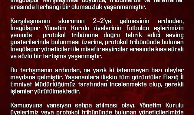 Elazığspor'dan olaylara ilişkin açıklama