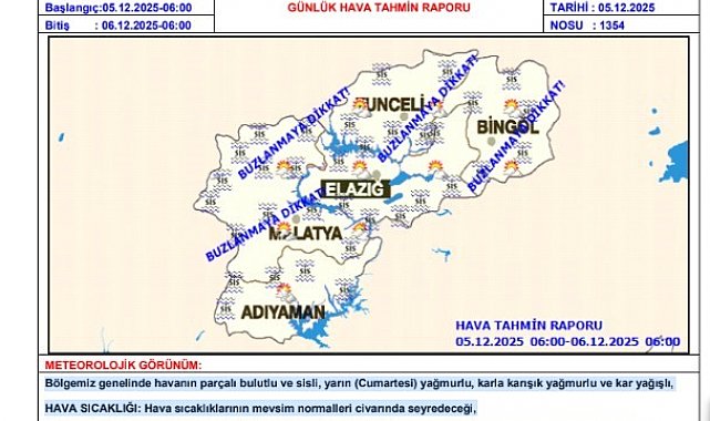 Meteorolojiden Elazığ'a hafta sonu için kar uyarısı