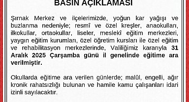 Şırnak'ta okullar çarşamba günü tatil edildi
