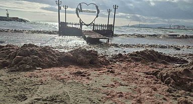 Tekirdağ'da lodos kıyıyı vurdu, kızıl yosunlar sahili kapladı