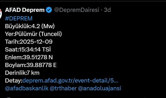 Tunceli'de 4.2 büyüklüğünde deprem