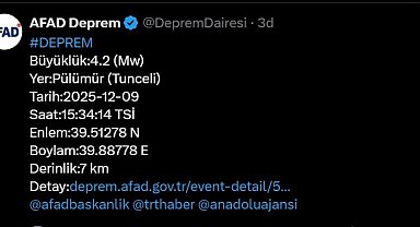 Tunceli'de 4.2 büyüklüğünde deprem