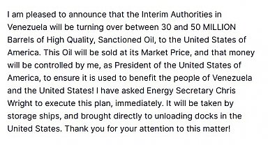 ABD Başkanı Trump: "Venezuela, 30 ila 50 milyon varil arasında petrolü ABD'ye devredecek"