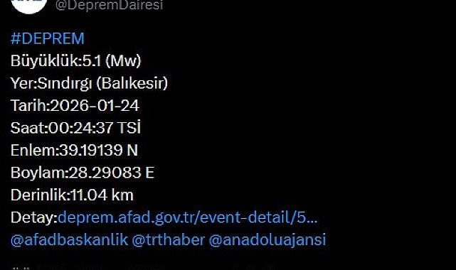 Balıkesir'de 5.1 büyüklüğünde deprem