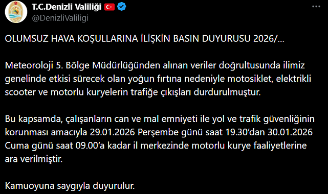 Denizli Valiliği fırtına nedeniyle motorlu kurye faaliyetlerini durdurdu