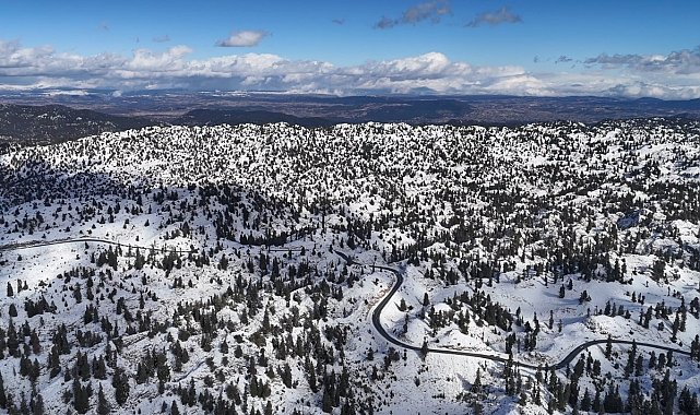 Mersin'de karla kaplanan ormanlık alandan kartpotallık görüntüler