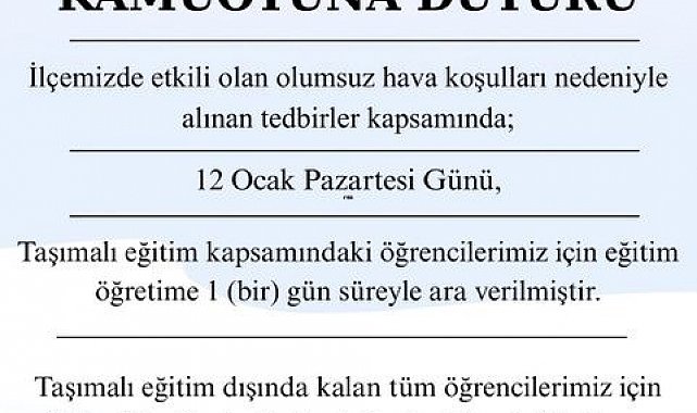Şarköy'de taşımalı eğitime bir gün ara verildi