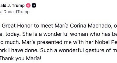 Venezuelalı muhalif lider Machado Nobel Barış Ödülü madalyasını Trump'a verdi