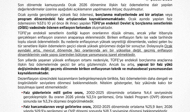 Hazine ve Maliye Bakanlığı: "Enflasyonun yüksek seyrettiği dönemlerde ödemelerin geçici olarak yüksek görünmesi doğal bir sonuçtur"