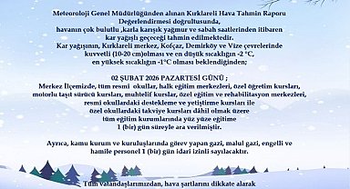 Kırklareli merkez, Kofçaz, Demirköy ve Vize'de eğitime 1 gün ara verildi