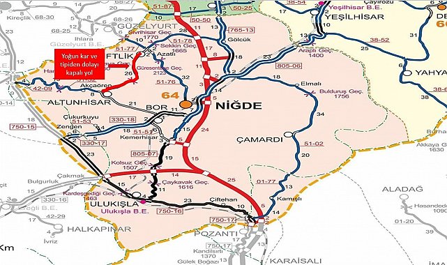 Niğde'de yoğun kar yağışı nedeniyle iki yol trafiğe kapatıldı