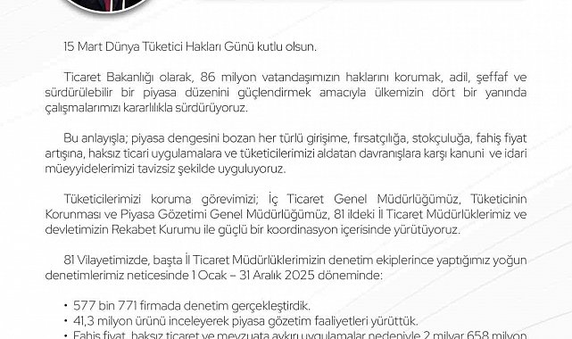 Bakan Bolat'tan Dünya Tüketici Hakları Günü mesajı