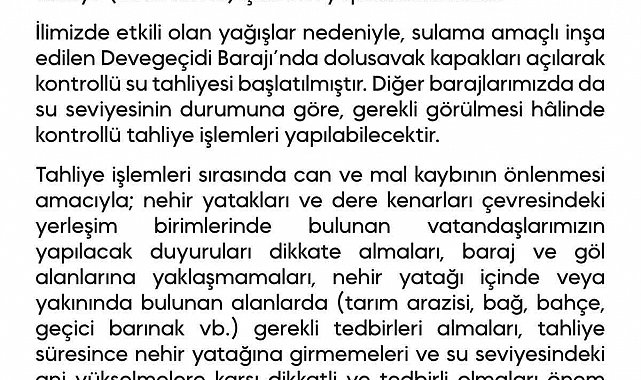 Devegeçidi Barajı'nda su tahliyesine başlandı