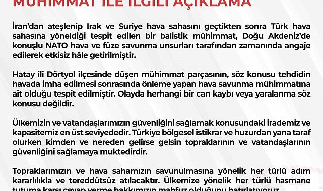 MSB: "Türk hava sahasına yönelen balistik mühimmat Doğu Akdeniz'de etkisiz hale getirildi"
