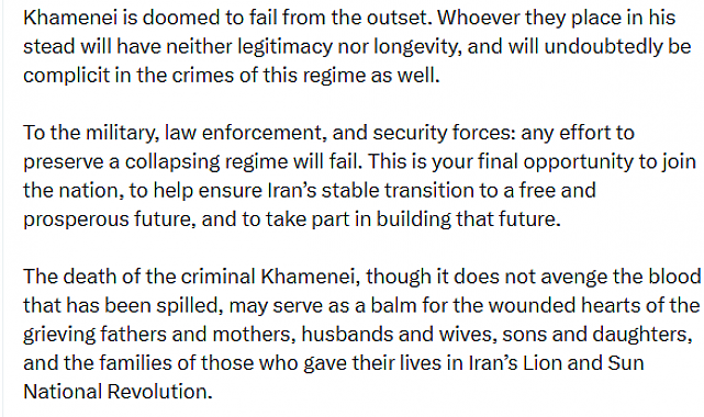 Sürgündeki Rıza Pehlevi: "Hamaney'in ölümüyle, İran rejimi fiilen sona erdi"