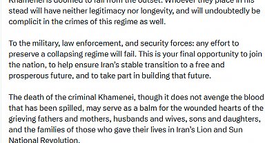 Sürgündeki Rıza Pehlevi: "Hamaney'in ölümüyle, İran rejimi fiilen sona erdi"