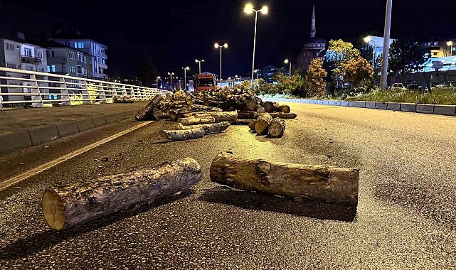 Seyir halindeki kamyonun damperi aniden kalktı, odunlar yola döküldü