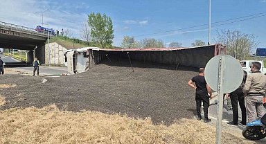 Tekirdağ'da ayçiçeği çekirdeği yüklü tır devrildi, trafik kilitlendi