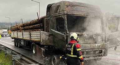 Tomruk yüklü tır alev topuna döndü