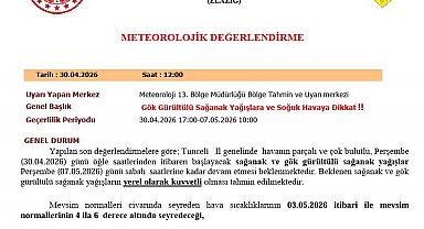 Tunceli için sağanak yağış uyarısı