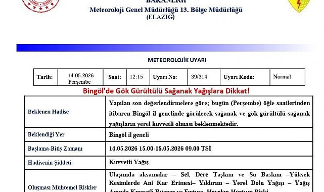 Bingöl için sağanak yağış uyarısı
