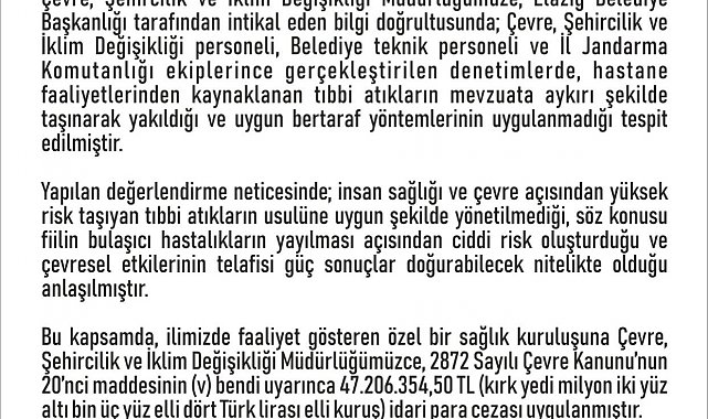 Elazığ'da özel bir hastaneye 47 milyon lira ceza kesildi