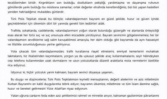 Emniyet Genel Müdürü Fidan'dan "Kurban Bayramı" mesajı
